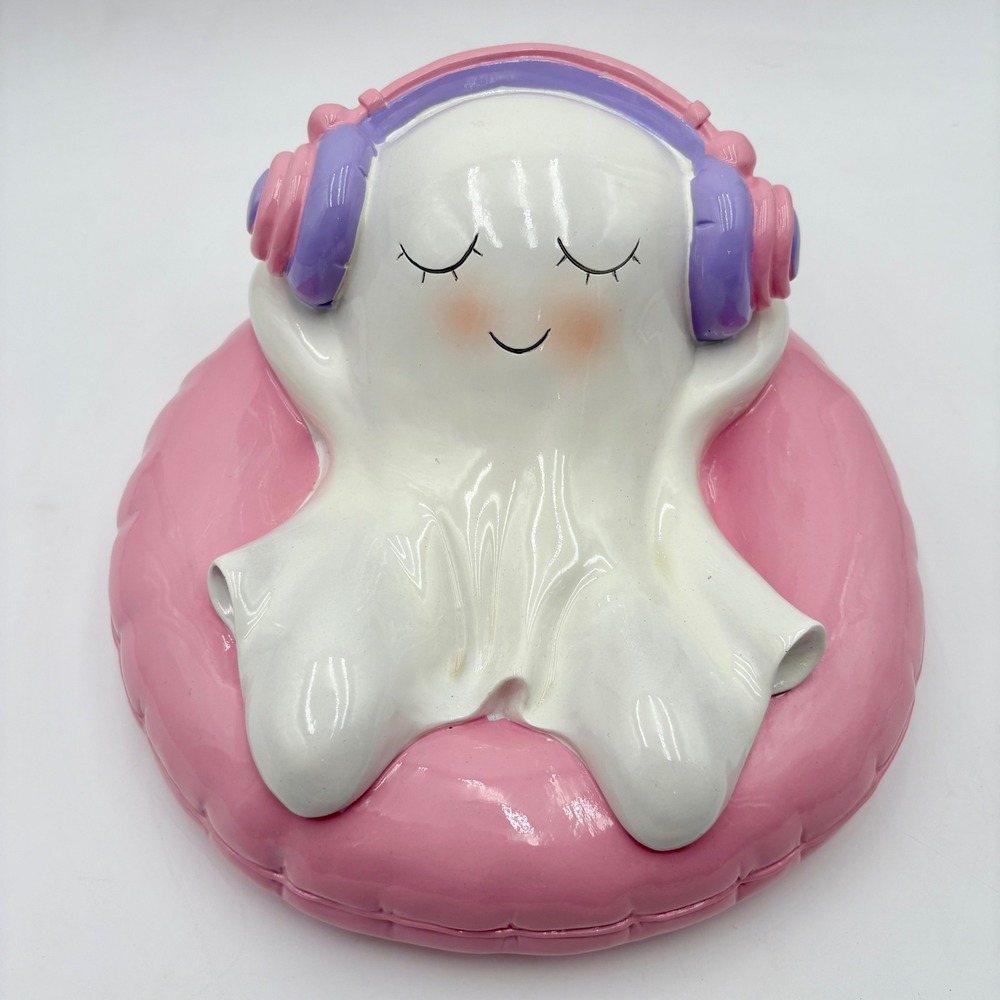 Summerween Cute Ghost on Pool Float with Headphones Figurine Halloween‎ Decor